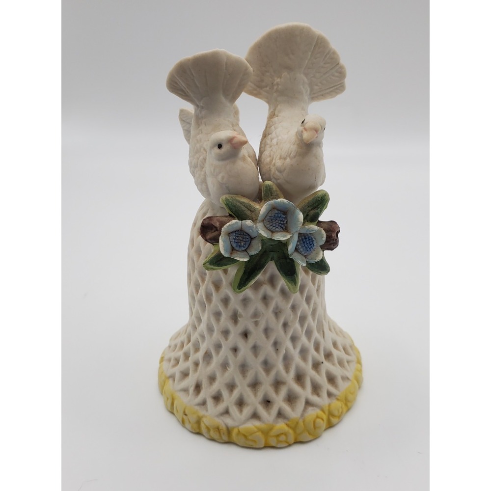 VTG White Porcelain Honeycomb Bell with Doves & Blue Flowers 4 1/4" Tall
